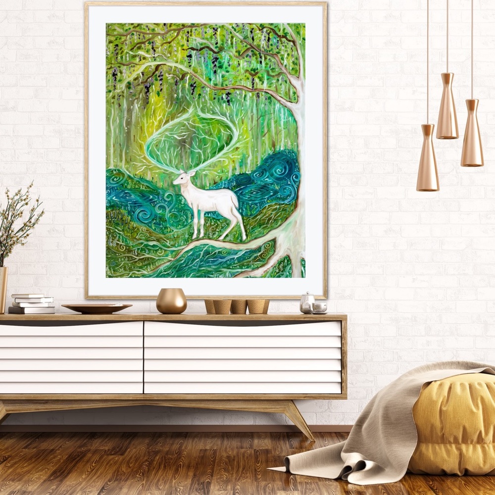 Sacred Stag Healing Forest Art Print Oil Painting whimsical fantasy fairycore - Picture 6 of 7
